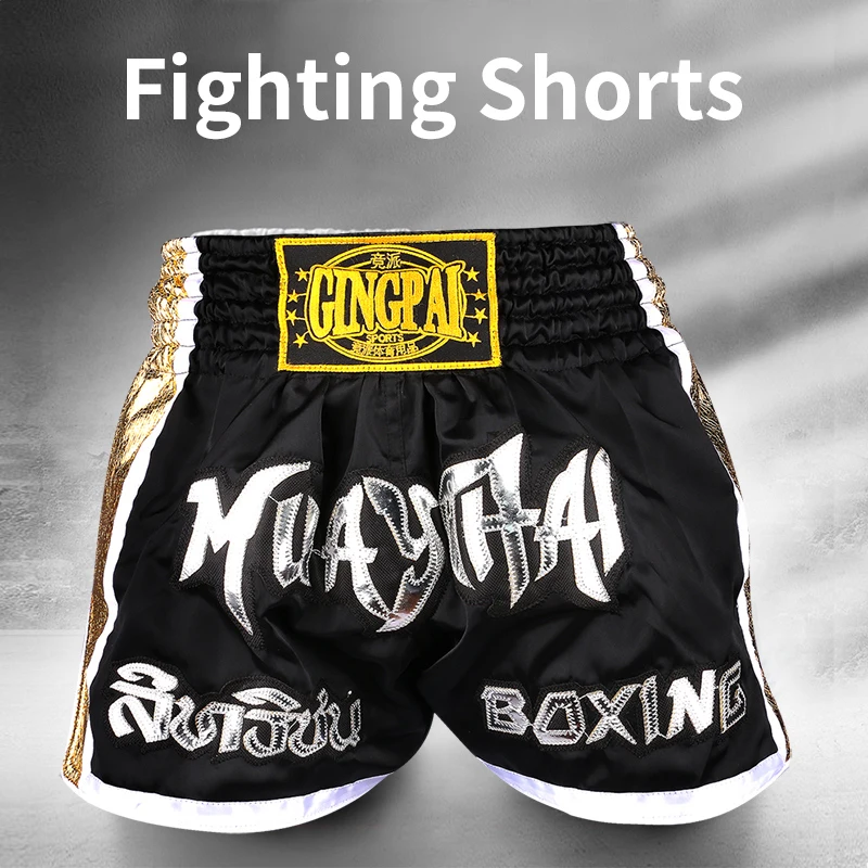 Muay Thai Shorts Embroidery Thai Boxing Shorts Men Women Kids Satin BJJ MMA Clothes Gym Grappling Cage Fight Kickboxing Shorts