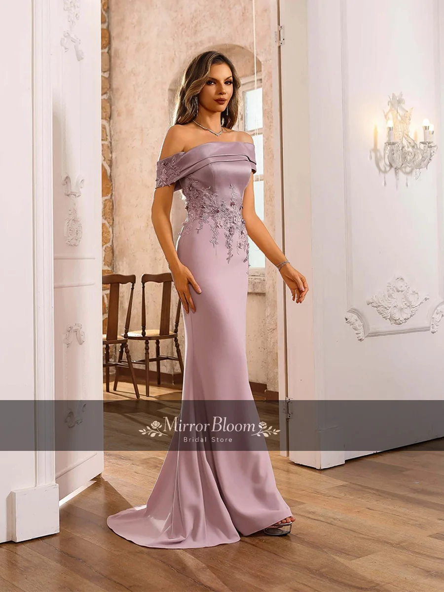 

Customized Pink Off Shoulder Mermaid Evening Dress Lace Appliques Satin Formal Gown Train Prom Wedding Party Floor Length Dress