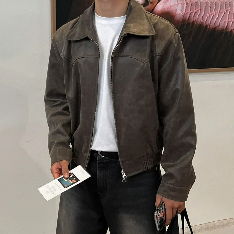 

Man Leather Jacket Spring Autumn Vintage Punk Turn Down Collar Male Outerwear Windproof Versatile Long Sleeve Men Short Coat
