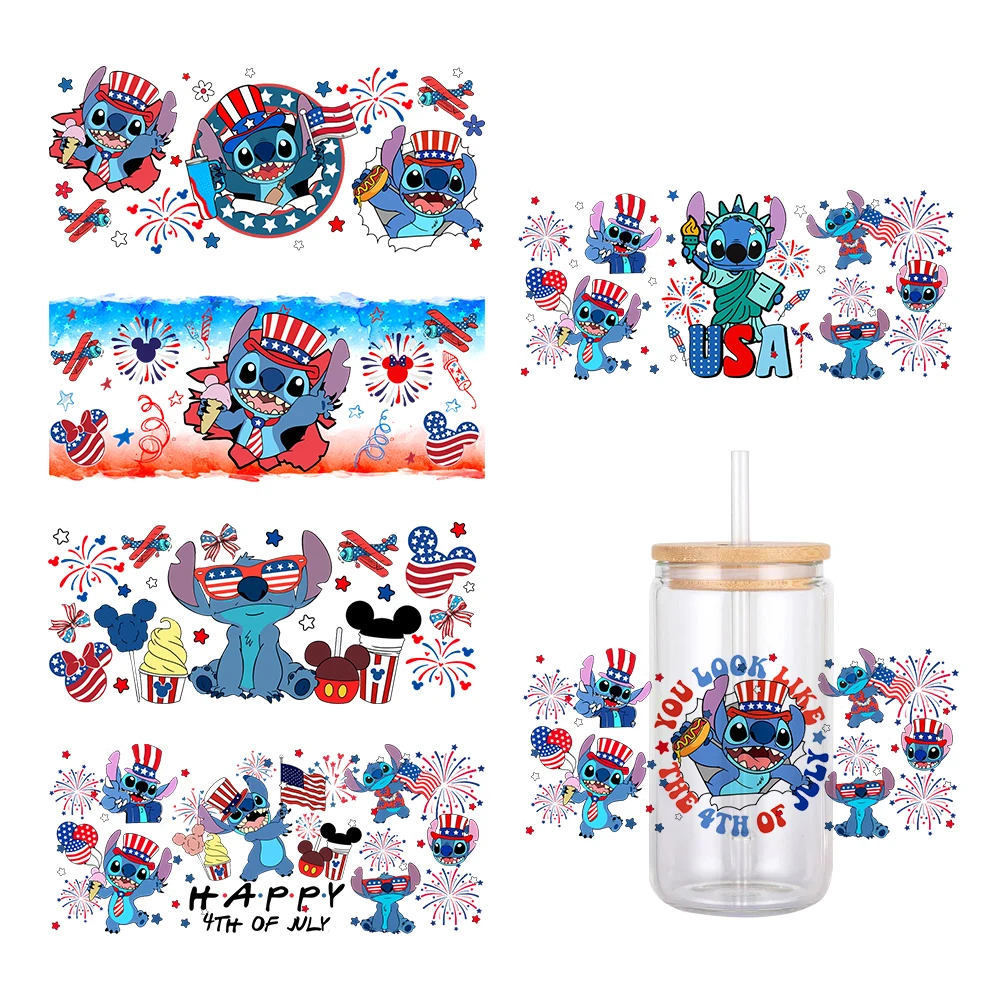 

11x24cm Disney Independence Day Stitch For Libbey 16oz Can Glass 3D Waterproof UV DTF Coffee Can Wrap Libbey Glass Wrap
