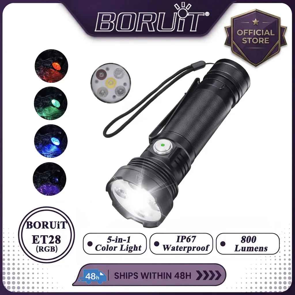 BORUiT ET28 Multi-color 2000LM UV LED Flashlight Super Bright Type-c Rechargeable Torch Waterproof Camping Fishing Lantern