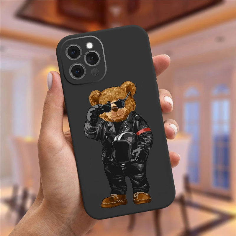 Fashion Brand Bear Phone Case For iPhone 16 Pro 11 12 13 14 15 Pro Max XR XS Max 16Plus Cute Black frosted Cover Trend Fundas