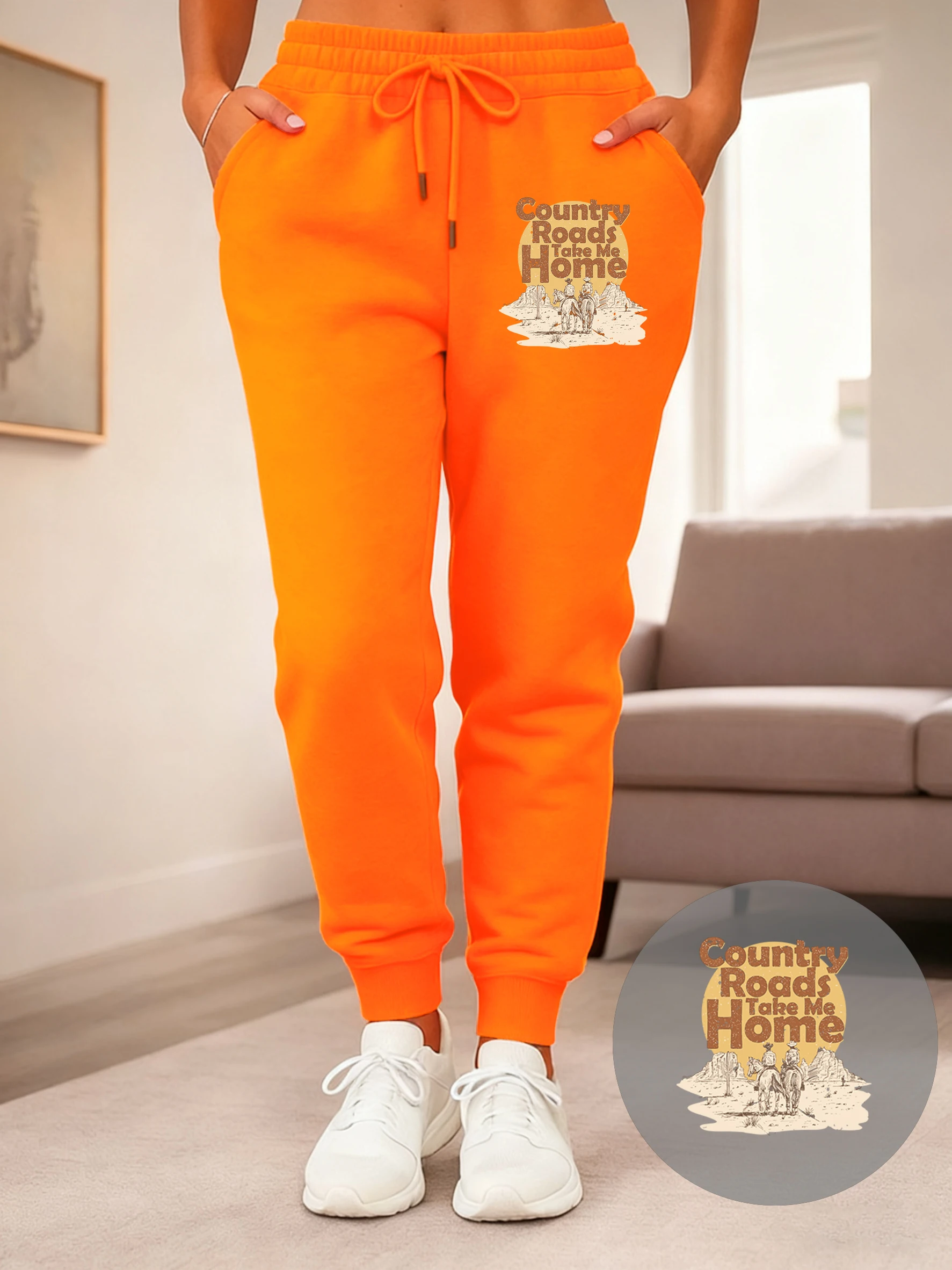 Country Roads Take Me Home Impresso Mulher Sweatpant Hip Hop Outono Calças Versáteis Moda Calças Lã Bolso Sportswear