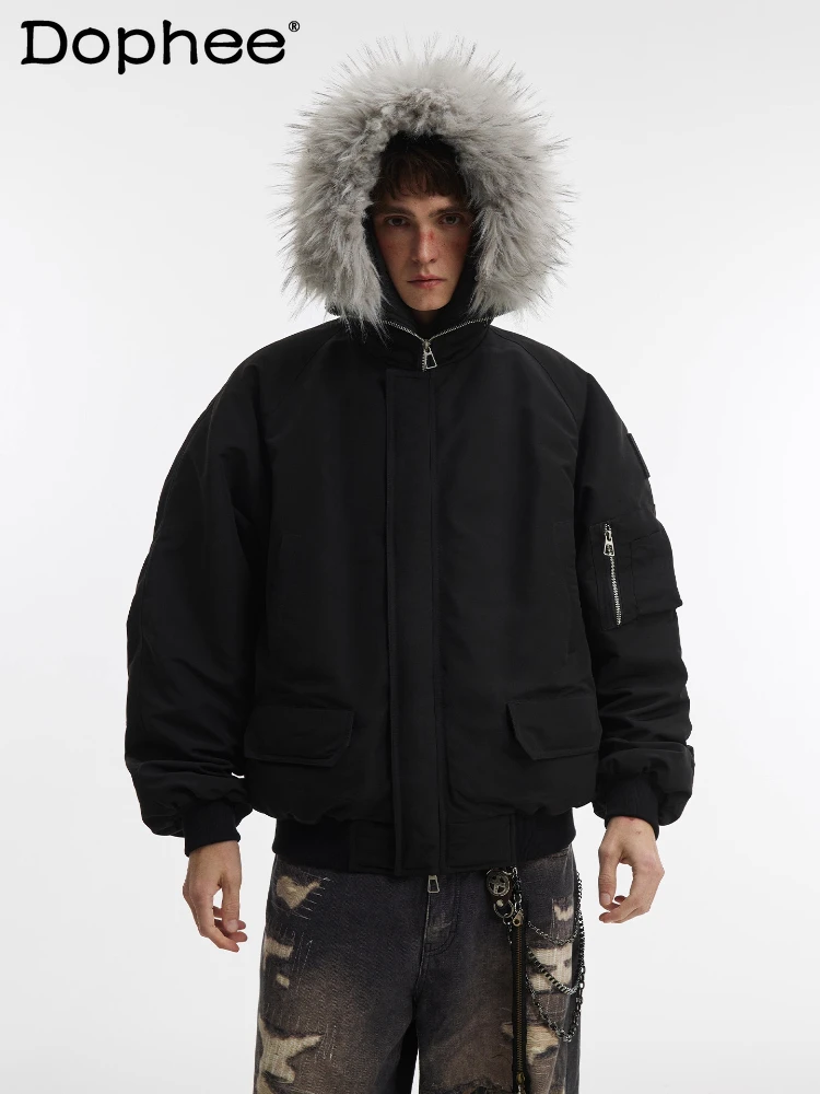 

Men Women 2025 Winter New Fashion Retro Faux Fur Collar Hooded Thickened Parkas Warm Tooling Parkas Solid Color Hoodies Coats