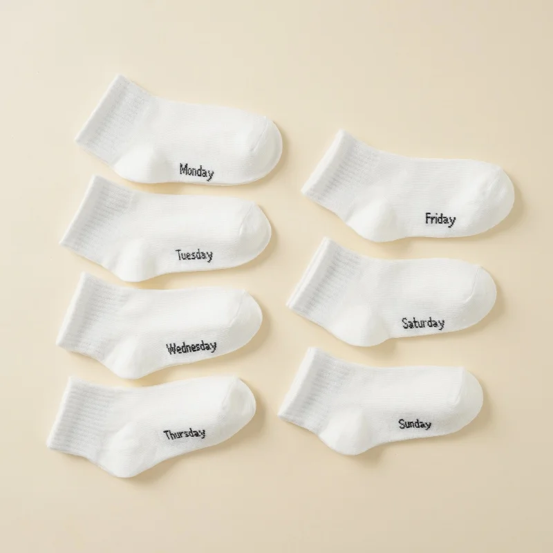 7 pairs of spring and summer thin short socks for boys and girls, simple, soft, comfortable, pure white mid calf socks