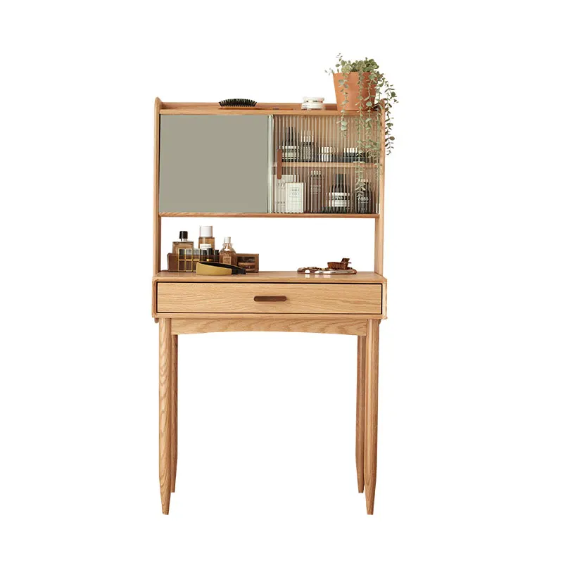 -ee Vintage Oak Wood H7052 Bedroom Vanity Table Set with Standing Mirror Elegant Makeup Dresser Dressing Table for Apartment Use