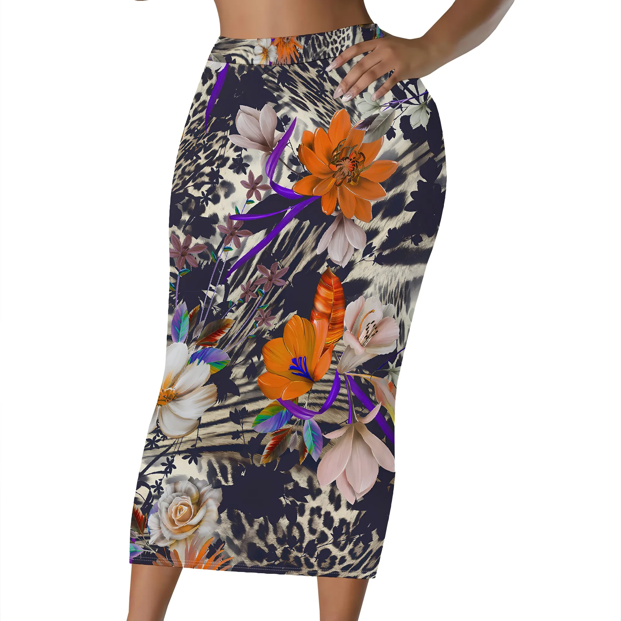 Tropischer Print-Rock, Boho-Midirock, Rock mit Blattmuster, Bleistiftrock mit hoher Taille, Sommer-Strand-Urlaubskleidung, S-2XL – Detail 8