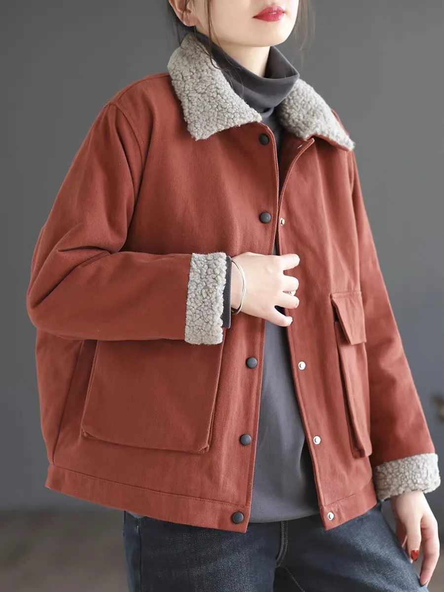

Lamb Fur Collar Fleece Lined Workwear Cotton Jacket Women Winter Best Selling Casual Large Size Jacket Short Coat