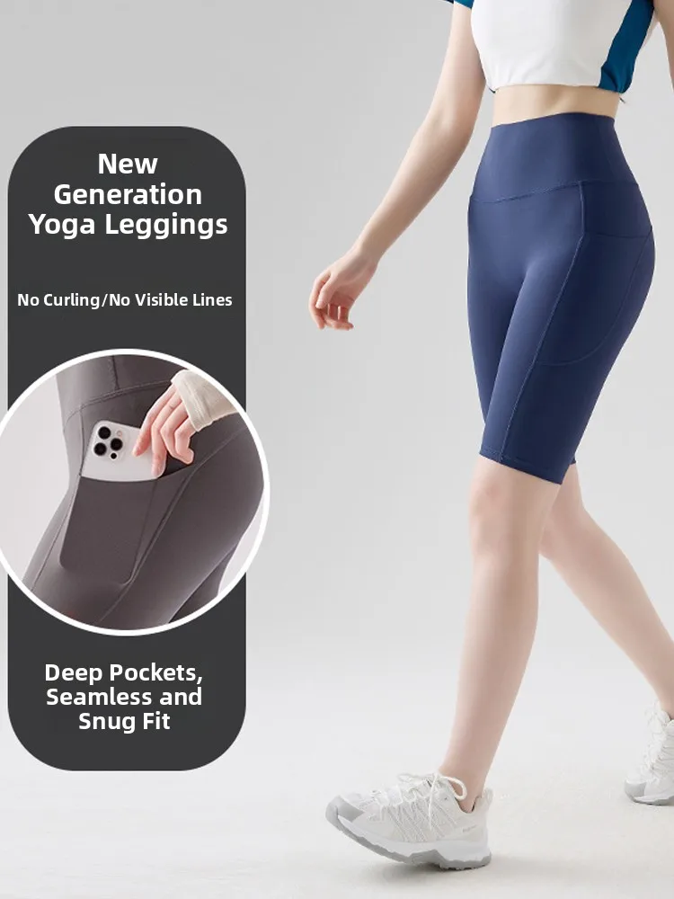 กางเกงโยคะผ้าไหมน้ำแข็งบางเบา รุ่นใหม่ ปี 2025 ทรงห้าส่วน เอวสูง ดีไซน์เก๋ สำหรับผู้หญิง เหมาะสำหรับใส่ออกกำลังกายกลางแจ้งในฤดูร้อน