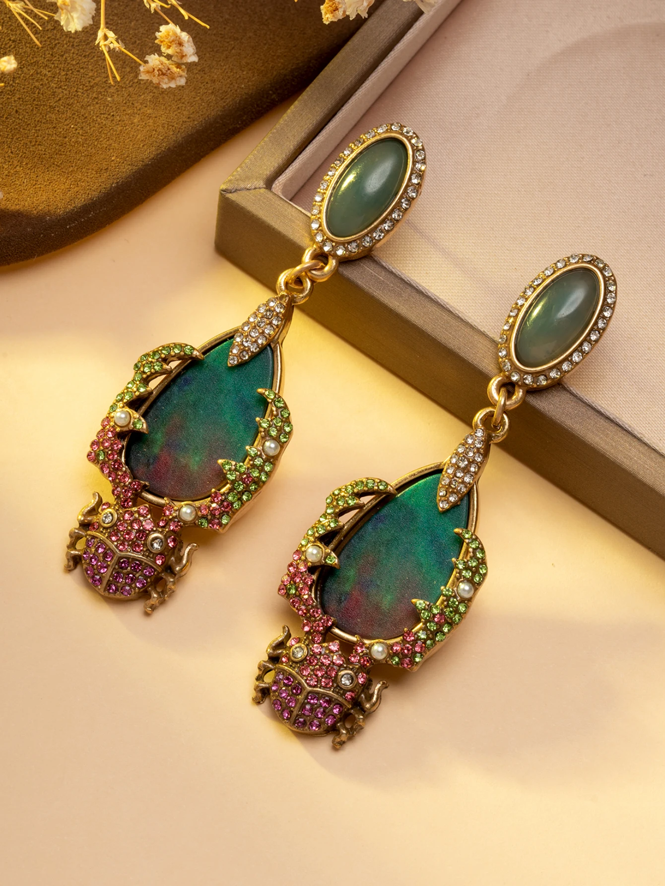 Vintage Iridescent Opal Crab Earrings, Retro Colorful Gemstone Elaborately Crafted Long Water Drop Stud Earrings