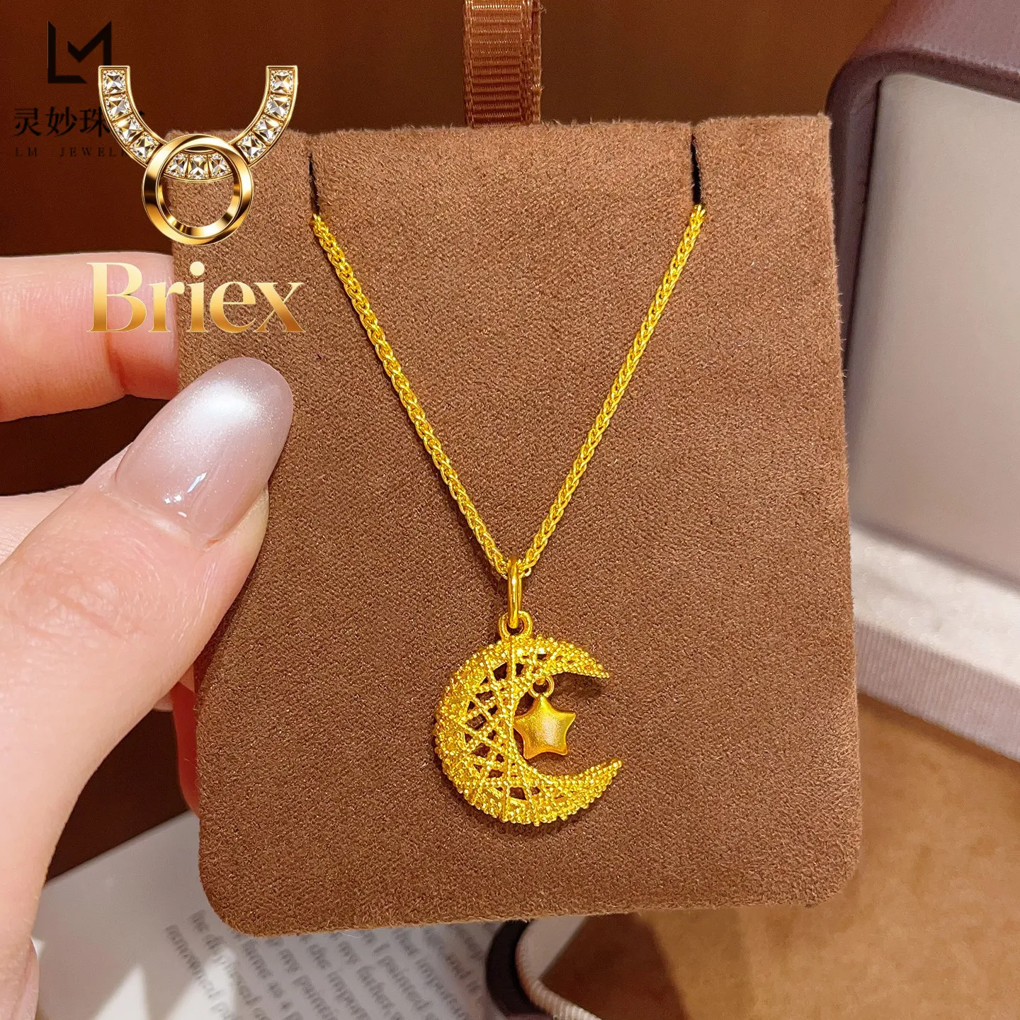 Briex Jewelry Filigree Star Moon Dream Pendant Women's 24K Gold AU999 - Hollow filigree craftsmanship, dreamy aesthetic, for off