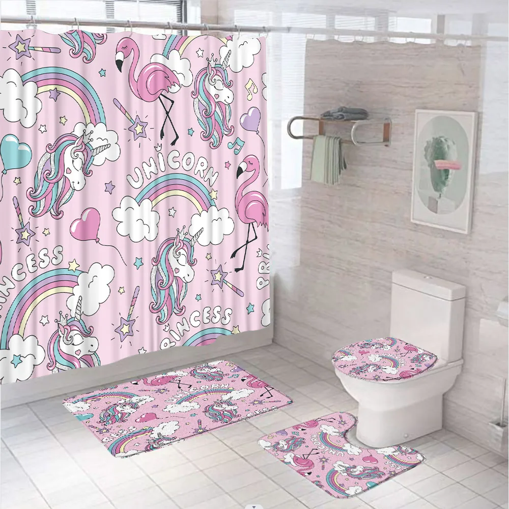 4Pcs Cartoon Flamingo Unicorn Shower Curtain Set Non-Slip Rug Toilet Cover Bath Mat Kid Girl Rainbow Balloon Bathroom Curtains