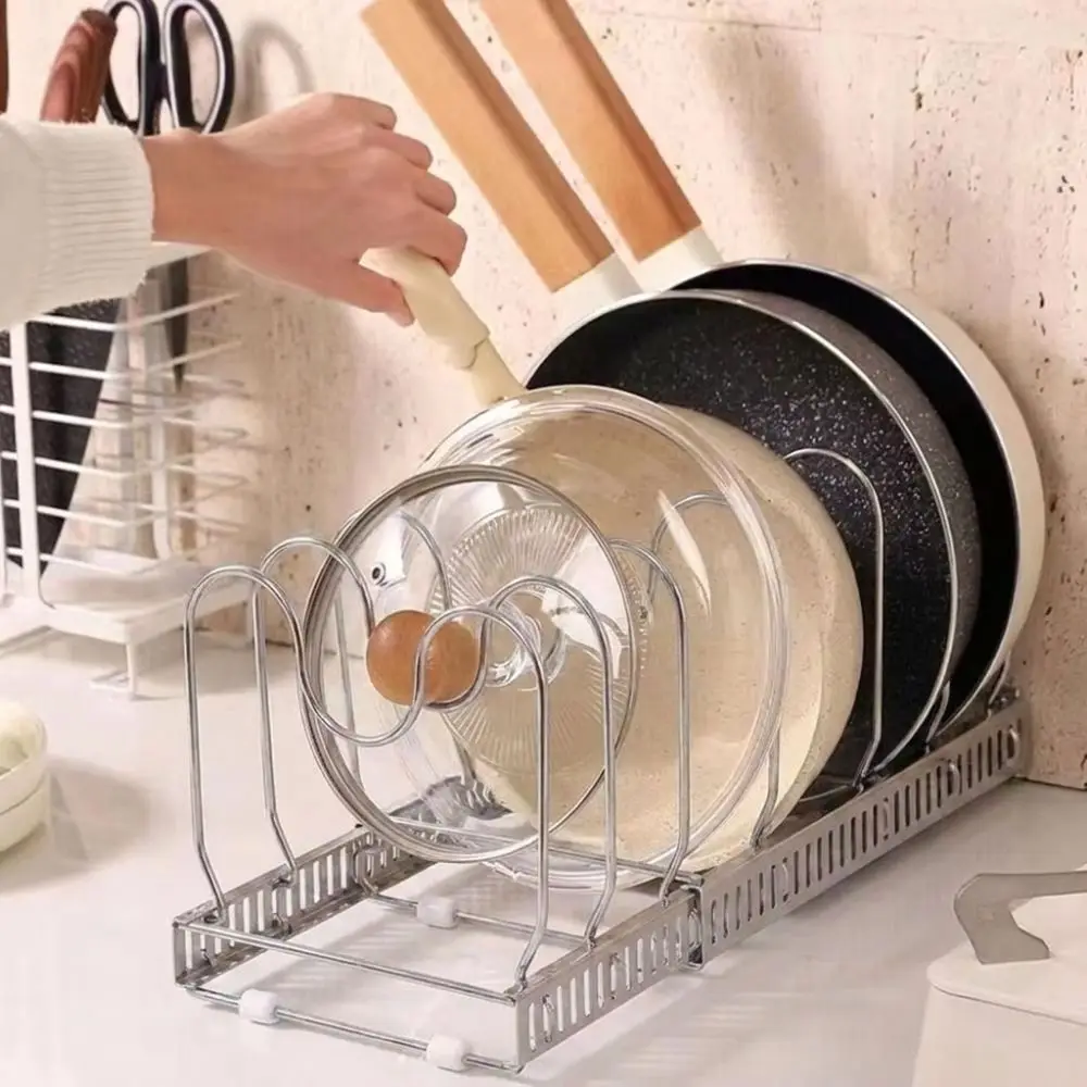 Sturdy Stainless Steel Pot Lid Storage Rack Smooth Polishing Multiple Separated Curved Brackets Kitchen Drainage Storage Rack