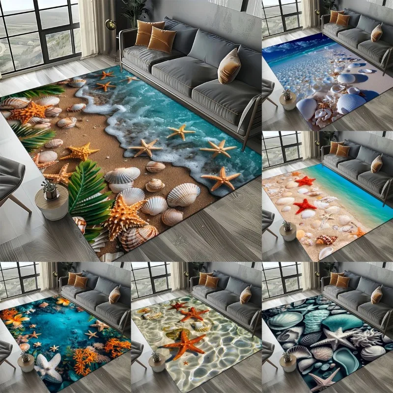 2025 Starfish Beach Shell Carpet Coastal Theme Rug for Living Room and Bedroom Non-Slip Floor Mat for Kids Decorative Sofa Mat