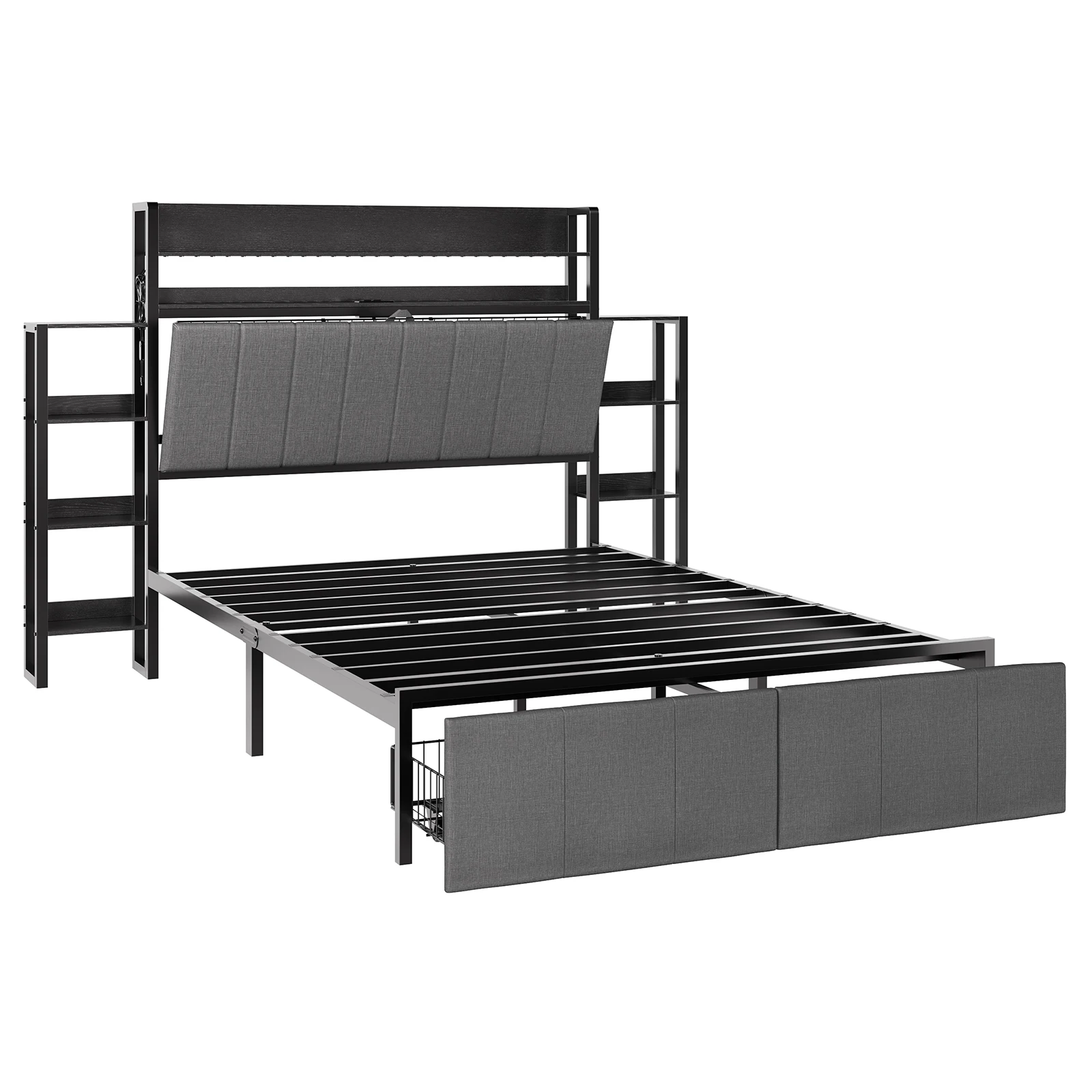 Garveelife Full Size Upholstered Platform Bed Frame with Hidden Headboard Storage – LED Lighting – Built-in Charging Station – Top Shelf – Side Shelves – Pull-Out Footboard Storage – No Box Spring Needed – Black