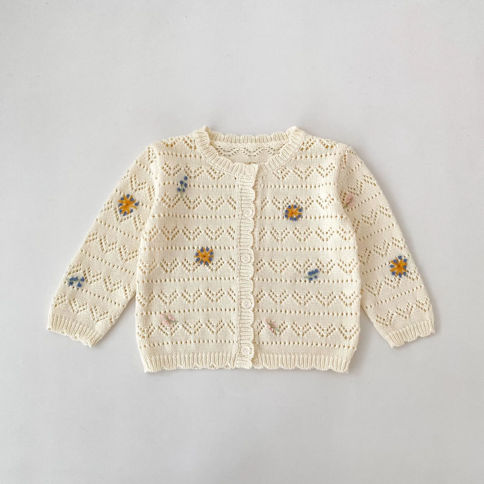 2026 Autumn New Baby Girl Long Sleeve Knitted Coat Cute Flower Embroidery Girls Knitwear Toddler Hollowed Out Sweater Cardigan