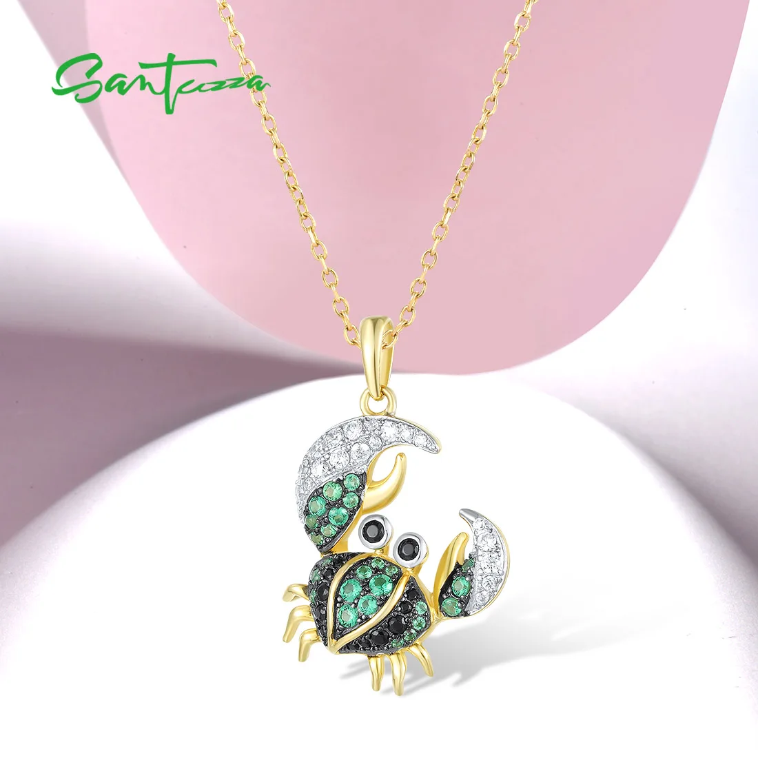 SANTUZZA Authentic 925 Sterling Silver Pendant for Women Sparkling Green Black Spinel White CZ Lovely Crab Fine Jewelry Sets