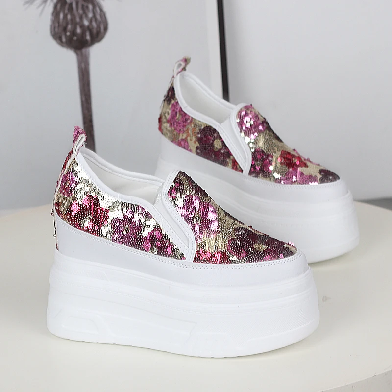Letnie nowe platformy platformy obuwie damskie bardzo wysokie obcasy z 12CM cekinami mokasyny wsuwane buty damskie