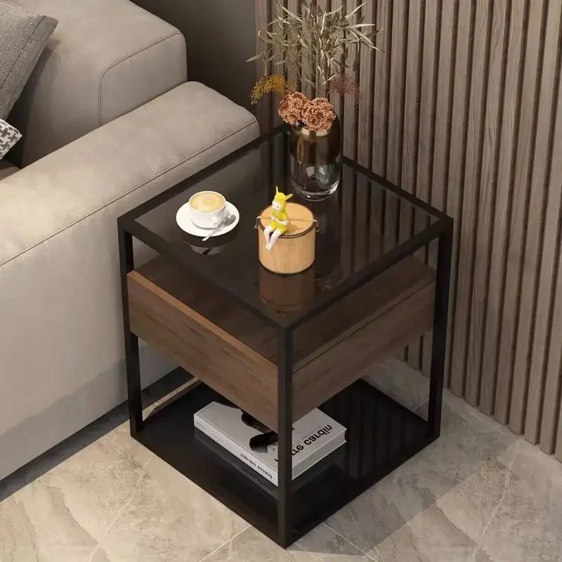 aSquare Glass Top Side Table Metal Frame Single Drawer Open Storage Layer Minimalist Sofa End Table For Living Room