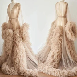 ที่กําหนดเองสตรี Dressing Gown มุมมอง Sheer ยาว Tulle Robe Puffy การตั้งครรภ์คลอดบุตรชุด BabyShower Nightgown ชุดนอน