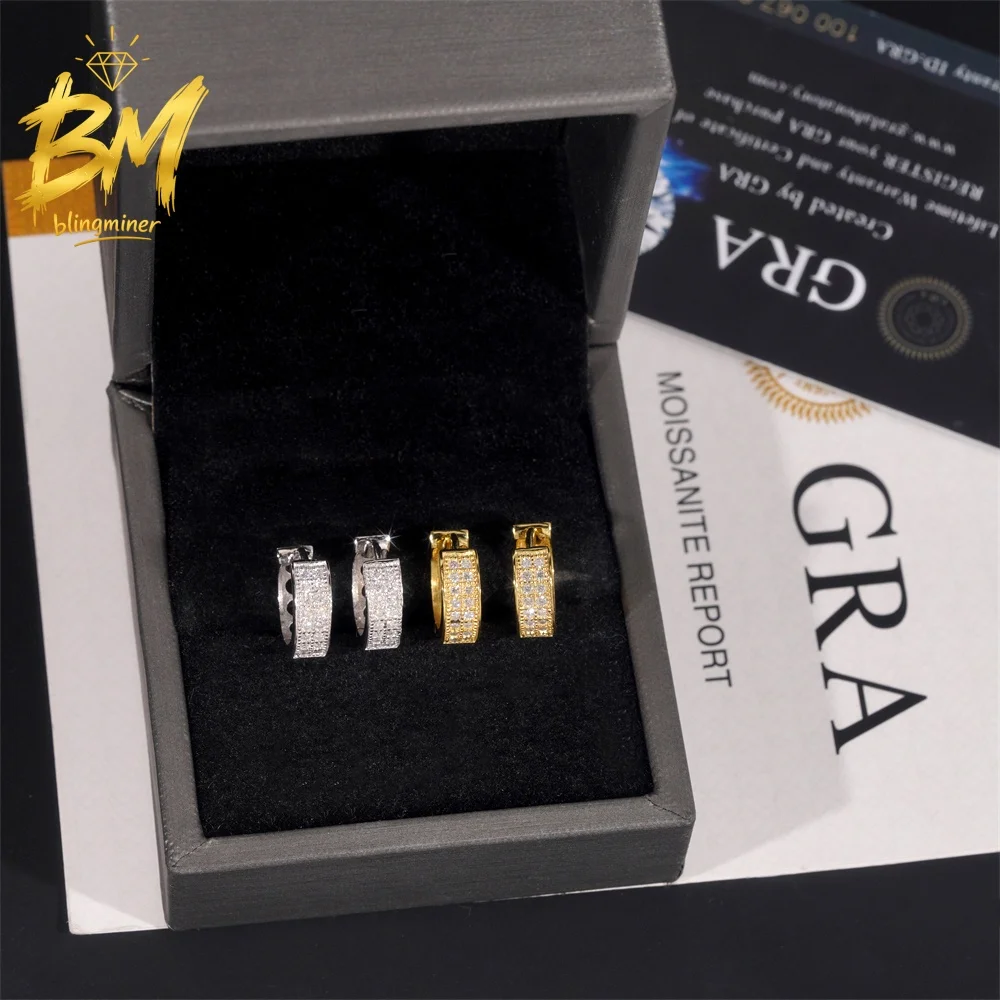 Blingminer Hip Hop Hoop S925 Silver VVS Moissanite Earrings For Men Women Ear Studs Jewelry Pass Diamonds Tester Free Shipping