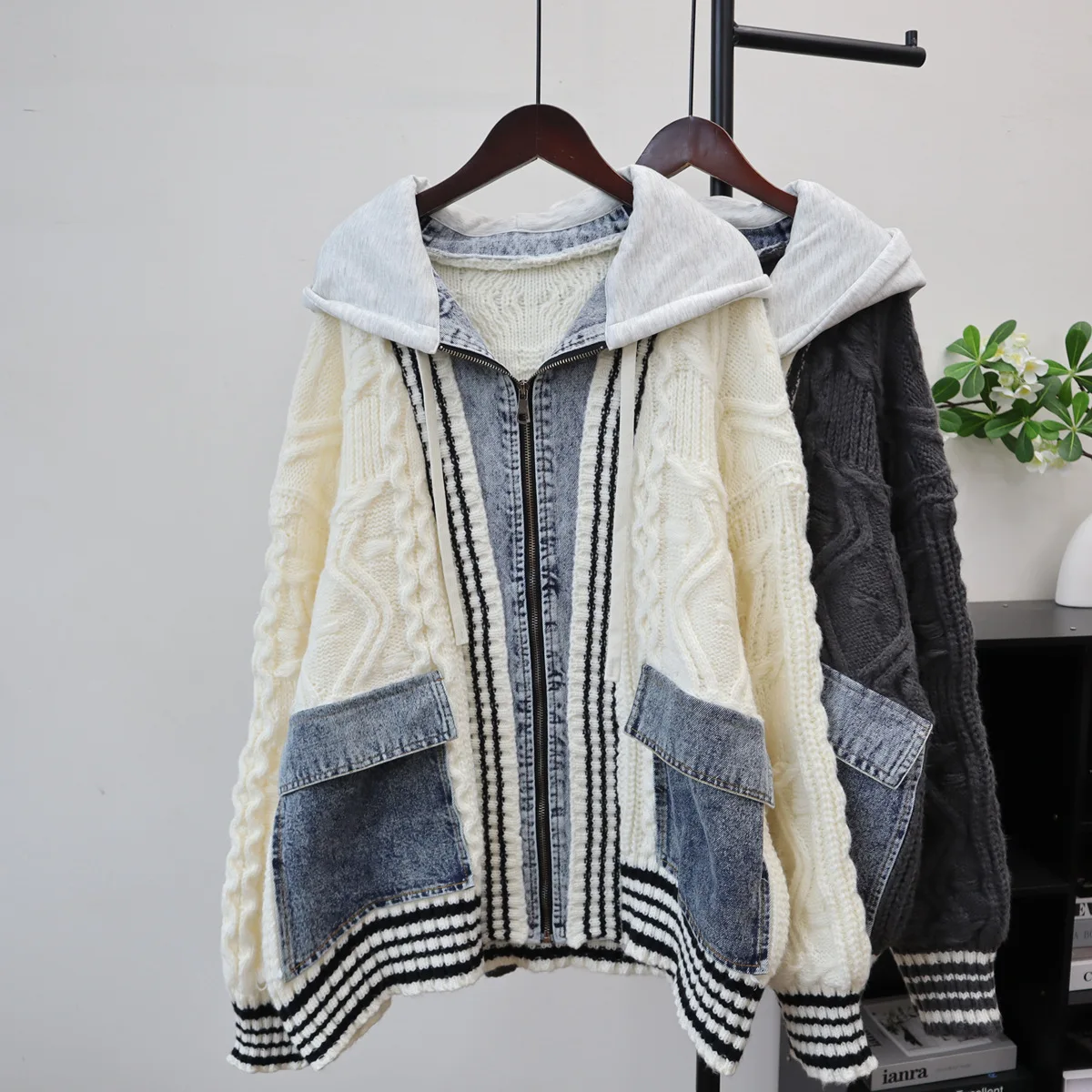 

SuperAen Mid-length Hooded Denim Spliced Sweater for Women 2026 Autumn and Winter New Korean Style Loose Knitted Cardigan Jacket