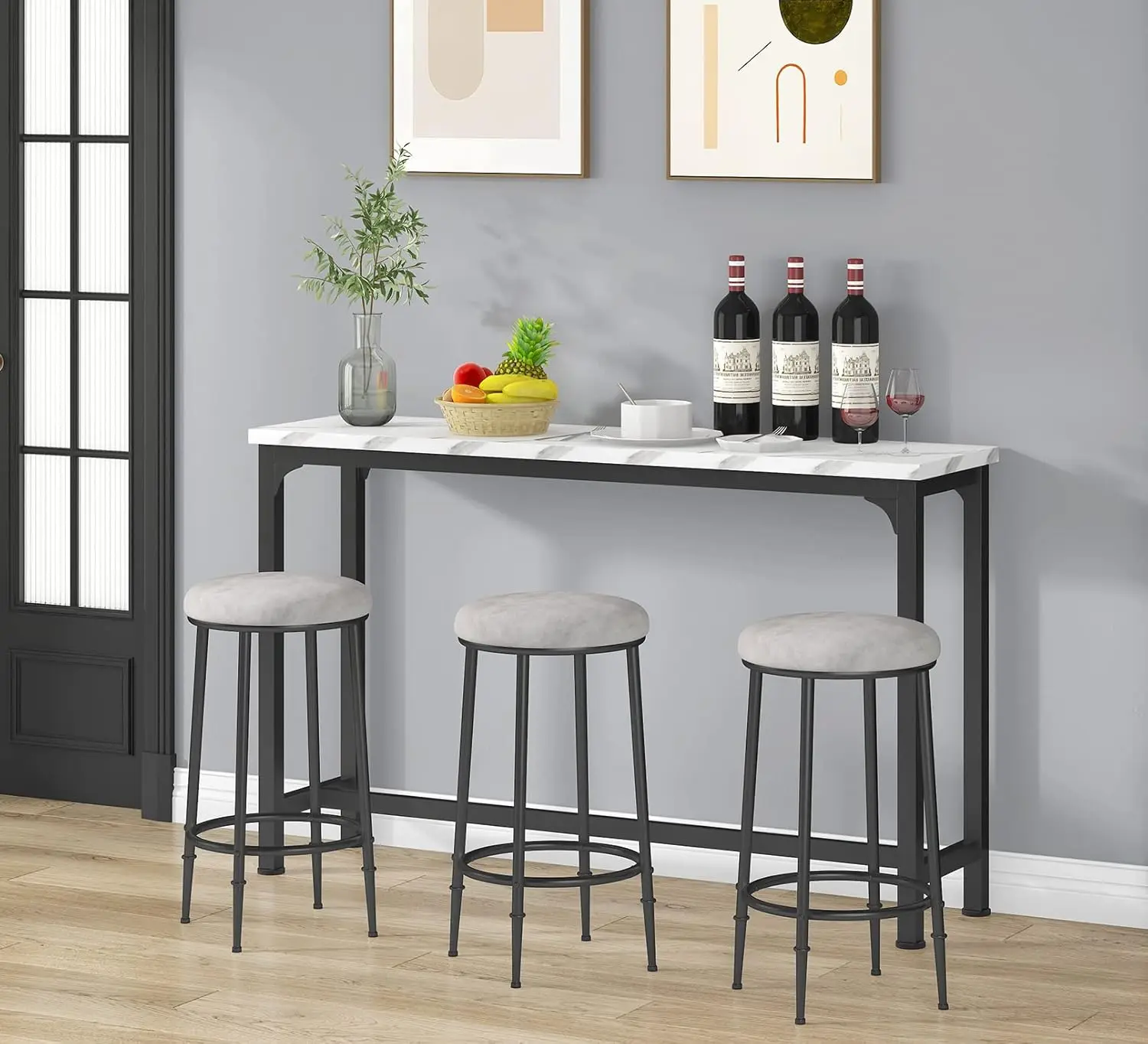 Conjunto de mesa de bar para 3, mesa de console de 4 peças com 3 bancos, conjunto de mesa de cozinha de altura de balcão com 3 cadeiras para café da manhã,