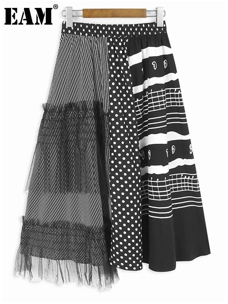 

[EAM] High Elastic Waist Black Black Dot Mesh Irregular A-line Half-body Skirt Women Fashion Tide New Spring Autumn 2024 1DH6309