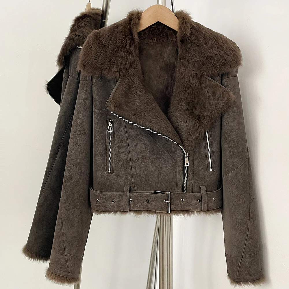 Women's Genuine Fur Coat Suedette WinterNatural Rabbit Fur Lining Vintage Female Natural Fluffy Fur Chic Thick Short Fur Jacket