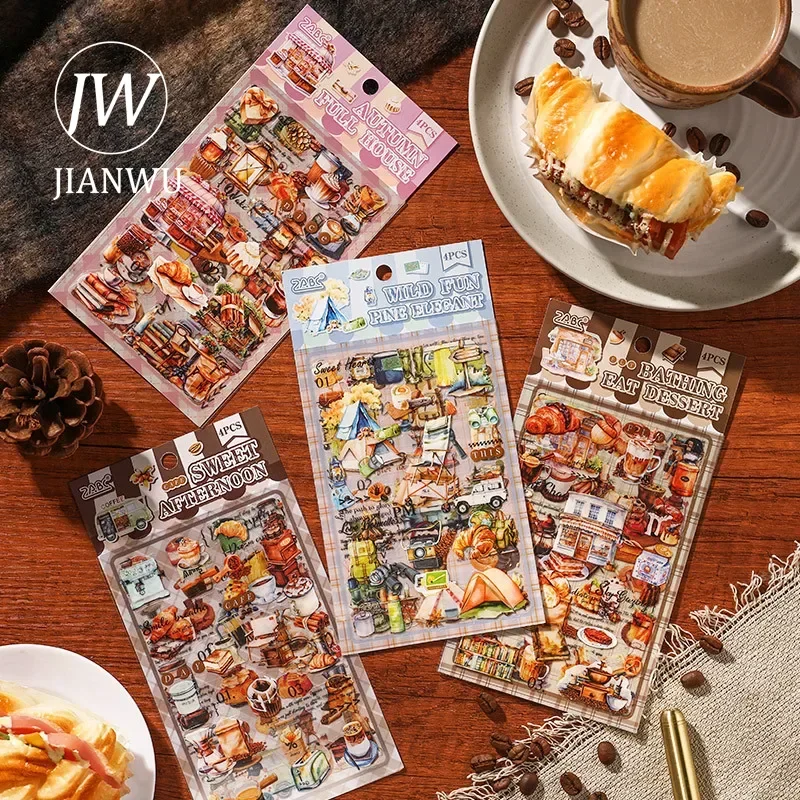 JIANWU Grinding Mellow Series Vintage Coffee Dessert Landscape Material Collage PET Sticker Creative DIY Journal Stationery