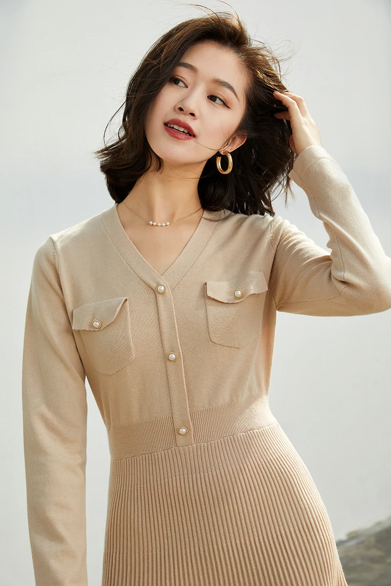 High Quality Wool Blended Dress Women Casual Style Solid 2 Colors Pleated Pockets Long Sleeve O Neck Dresses New Fashion