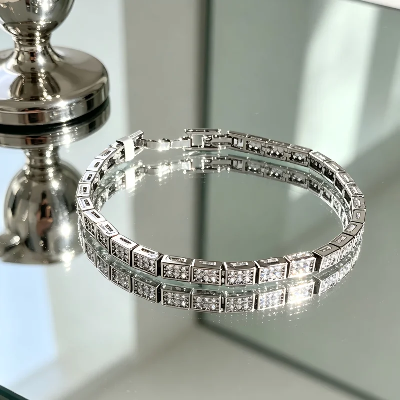 

Classic Geometric Square Rhinestone Link Bracelet Silver Color Zircon Tennis Chain Women Fashion Party Jewelry