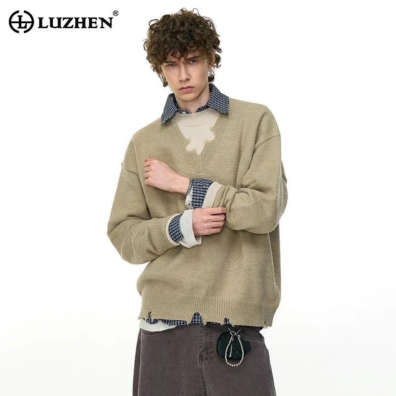 

LUZHEN Men's Personalized Fake Two Piece Design Long Sleeve Knitted Pullover 2025 Autumn Winter Fashion Handsome Sweater JY3888