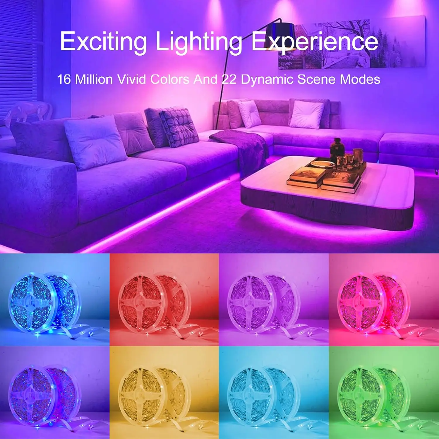 Taśmy LED 18D Sterowane Aplikacją Smart, Bluetooth, Taśma LED Synchronizująca się z Muzyką, Zmieniająca Kolory, Oświetlenie do Sypialni, Domu D