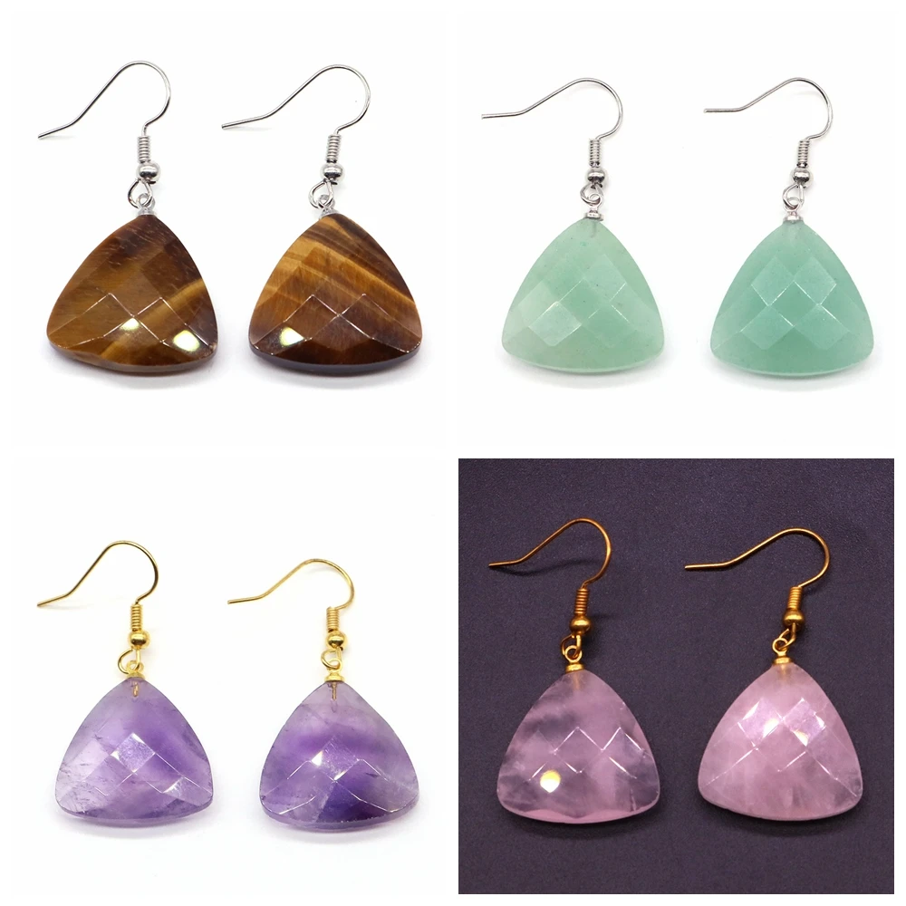 Natural Stone Triangle Earrings for Women Girl Amethyst Pink Quartz Tiger eye Crystal Beads Healing Gem Earring Jewelry Gift