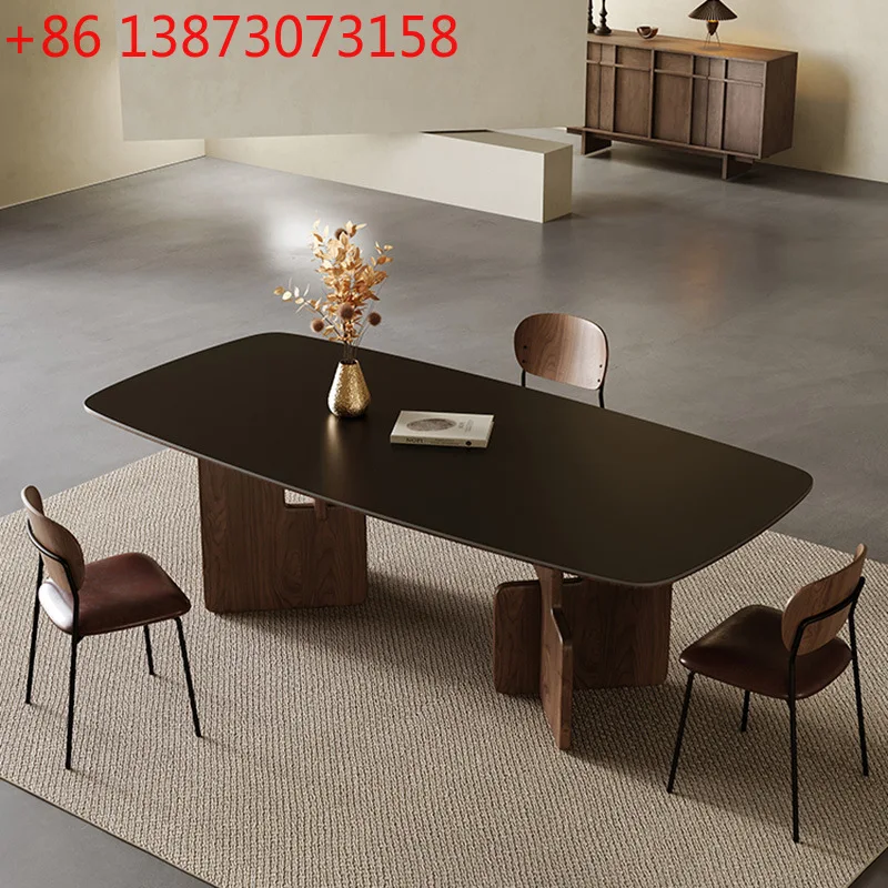 

French medieval rock slab dining table small apartment long table household living room against the wall simple light luxury sol