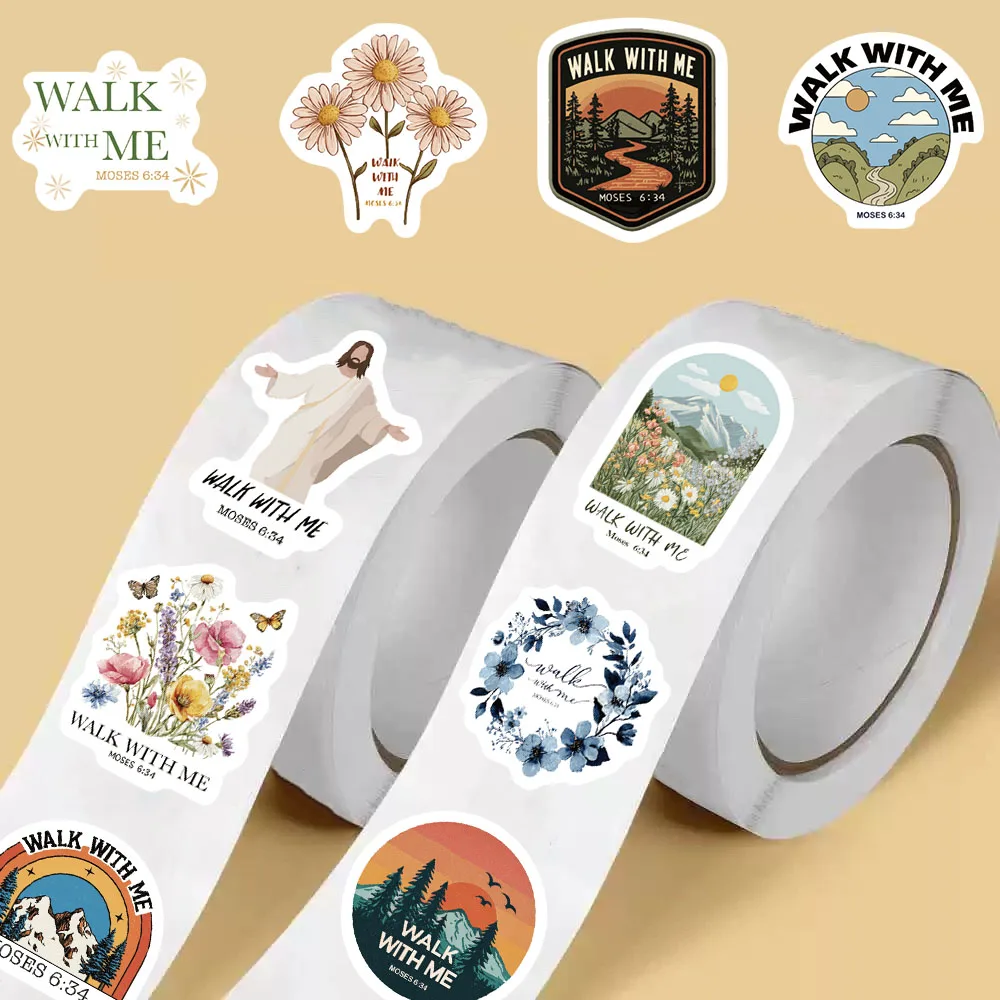 500Pcs/roll JESUS Walk with Me Roll Stickers Notebook Skateboard Luggage Motorcycle Scrapbook Gifts Creative PET Car Sticker