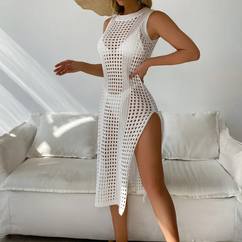 Abiti da donna con spacco a vita alta da spiaggia in maglia O collo estate 2024 nuova moda Casual senza maniche scava fuori il vestito lungo Slim