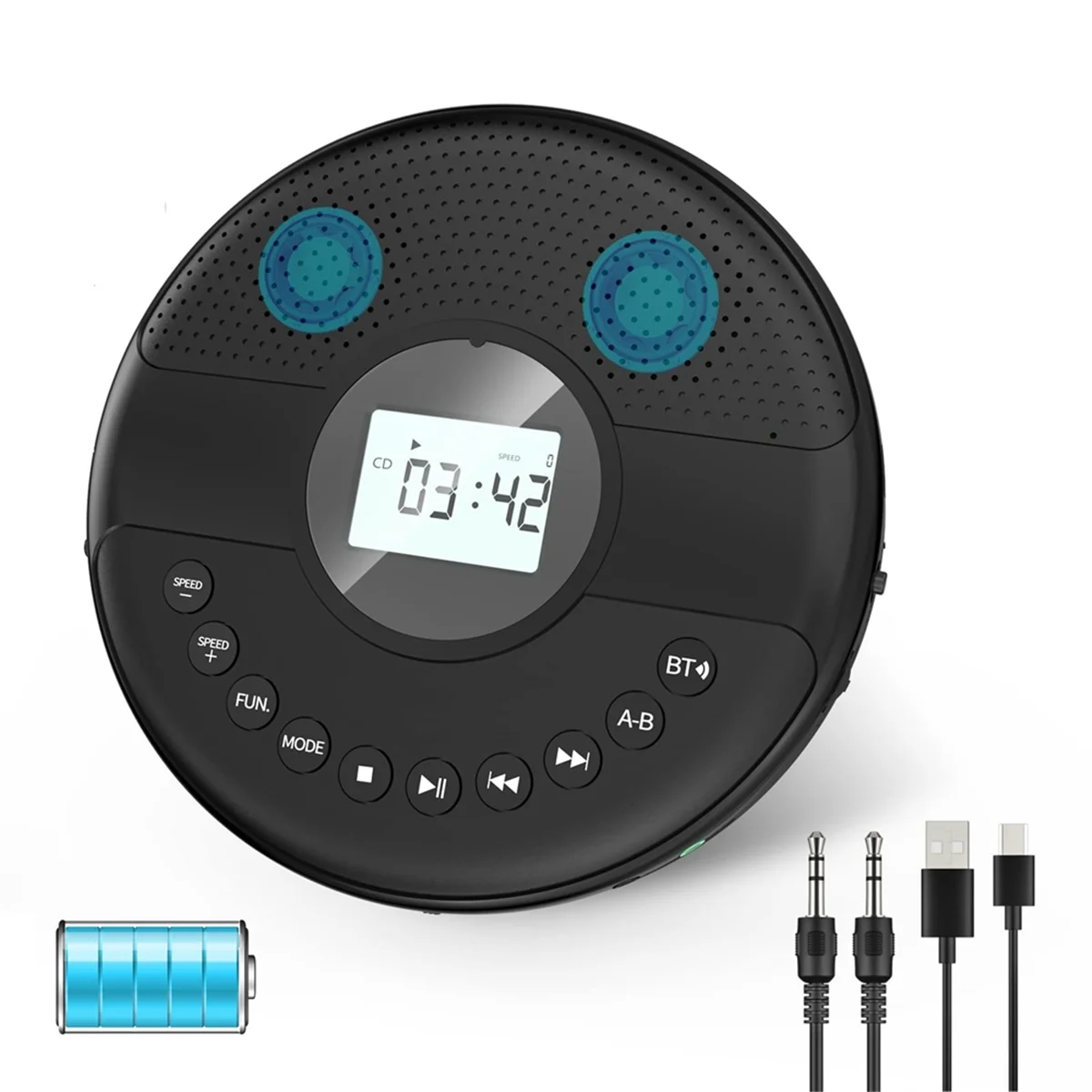 Reliable-CD Player Portable, Bluetooth CD Player with Dual Speaker, Rechargeable Walkman with Headphone AUX Cable for Car-ABDQ