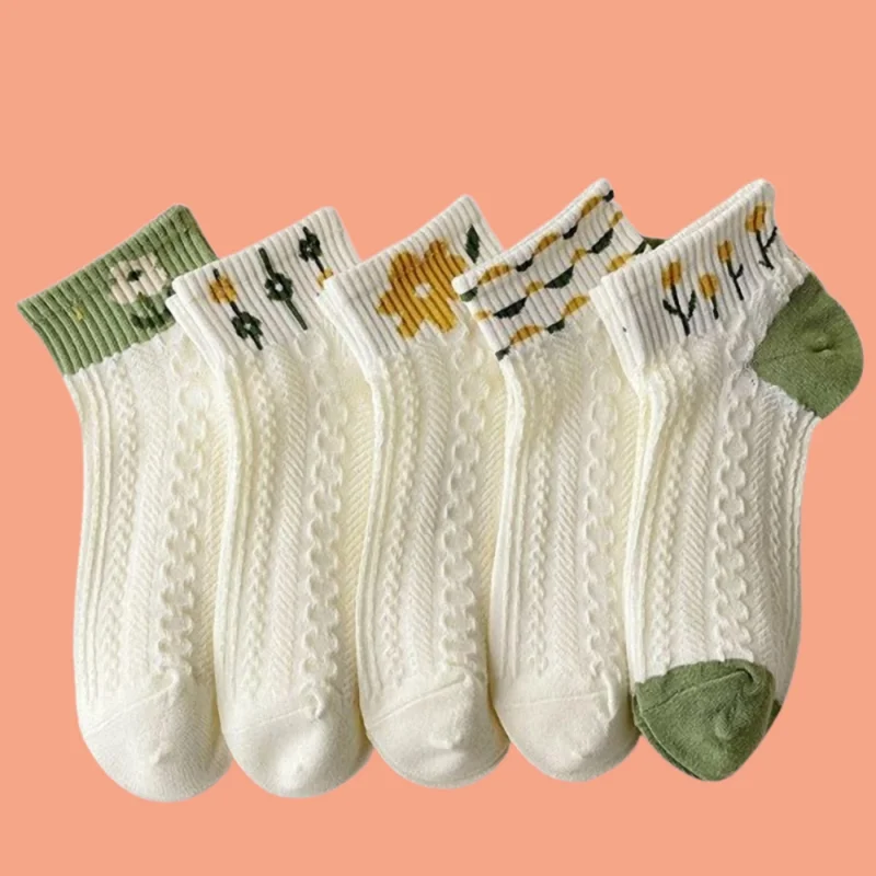 5/10 Pairs High Quality Thin Versatile Short Tube Sports Socks Casual Boat Socks Three-dimensional Embossed Green Flower Socks