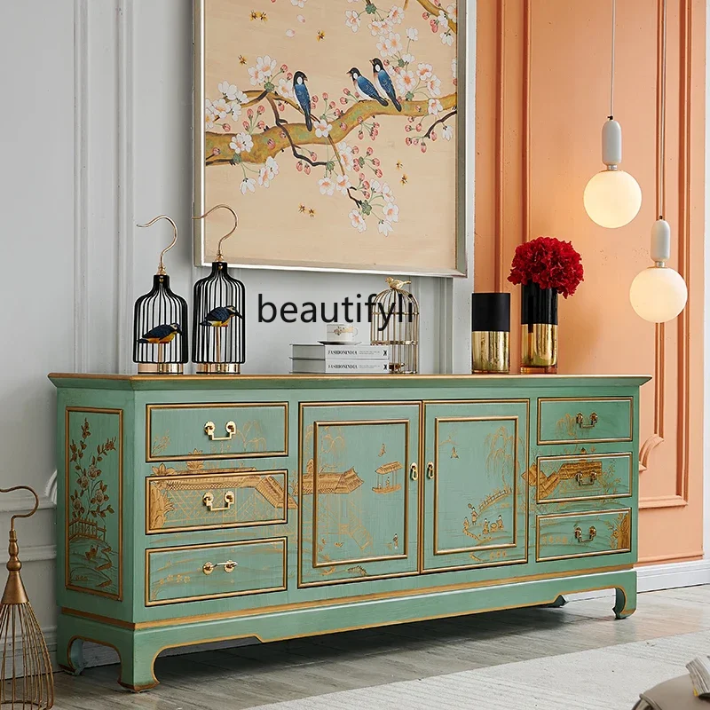 

Light French retro green living room solid wood TV cabinet painted entrance villa dining side cabinet