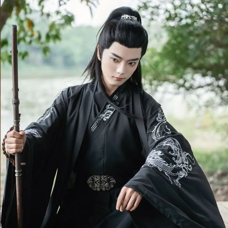 

Large Size 3XL Chinese Hanfu Men Carnival Archers Cosplay Costume Ancient Hanfu Black Shirt+Skirt+Coat Set For Men Plus Size