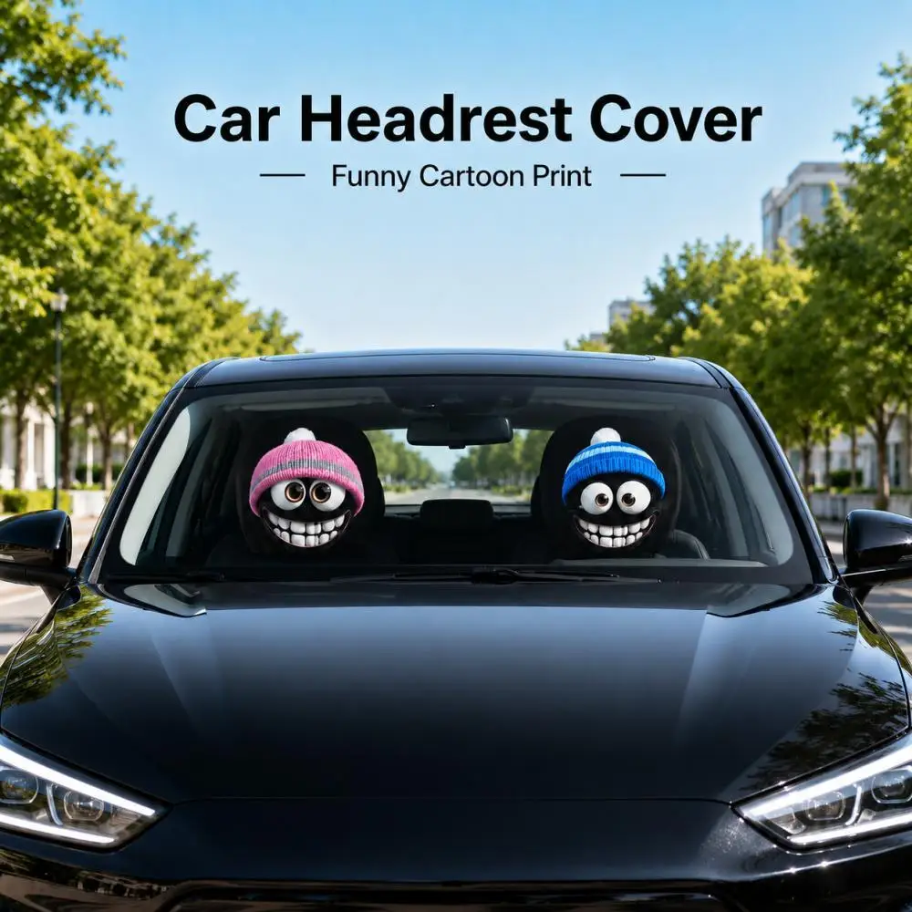 2 Pcs Funny Grinning Cartoon Car Headrest Covers Blue & Pink Knit Hat Print 2D Flat Printing Auto Seat Head Rest Protectors Set