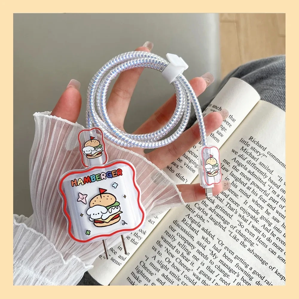 Cute Cartoon Animal Wave Clear Charging Cable Protector Case For Apple Iphone 18W-20W US Fast Charger Protection Cover Sleeve