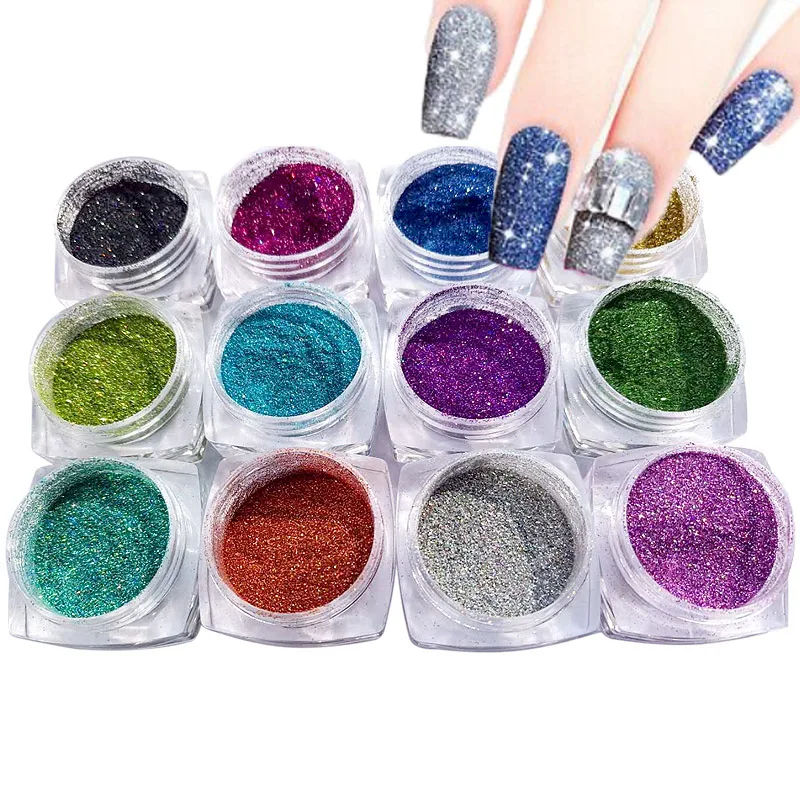 12 Jars 1/256 Powder Glitter For Nail Art Design/Rainbow Pigment Glitter Nails/ Holographic Nails illusion laser color Powder