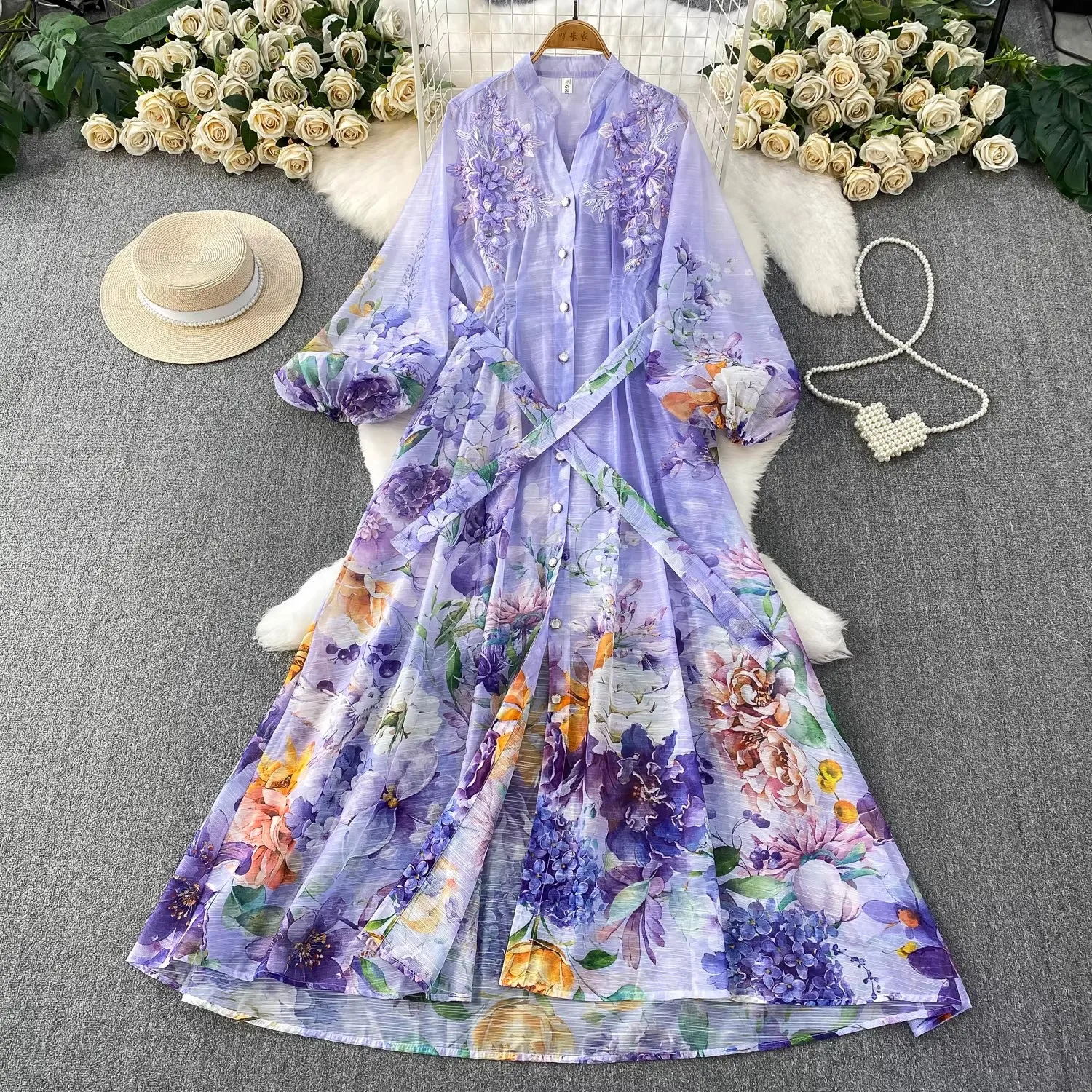 

Women's V-Neck Lace Embroidery Dress Summer 2026 Floral Lantern Sleeve Single Breasted Belted Long Vestido with Lace up Detail