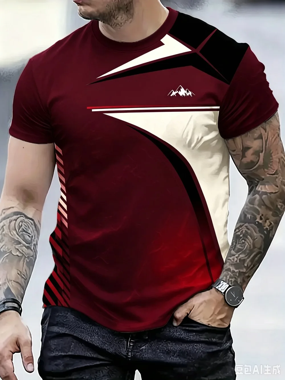 Schwarz-Rotes Kontrastfarben-T-Shirt mit Geometrischen Linien, 3D-gedruckt, für Herren, Locker, Bequem, Lässig, Atmungsaktiv, Schnelltrocknend, Outdoor-Oberteil – Detail 7