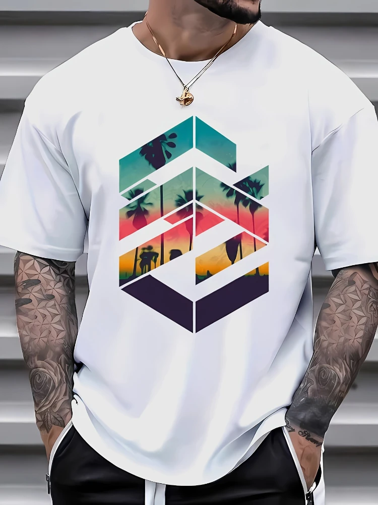 Geometry and science fiction patterns -100% cotton summer short sleeve O-neck printed men's T-shirt.