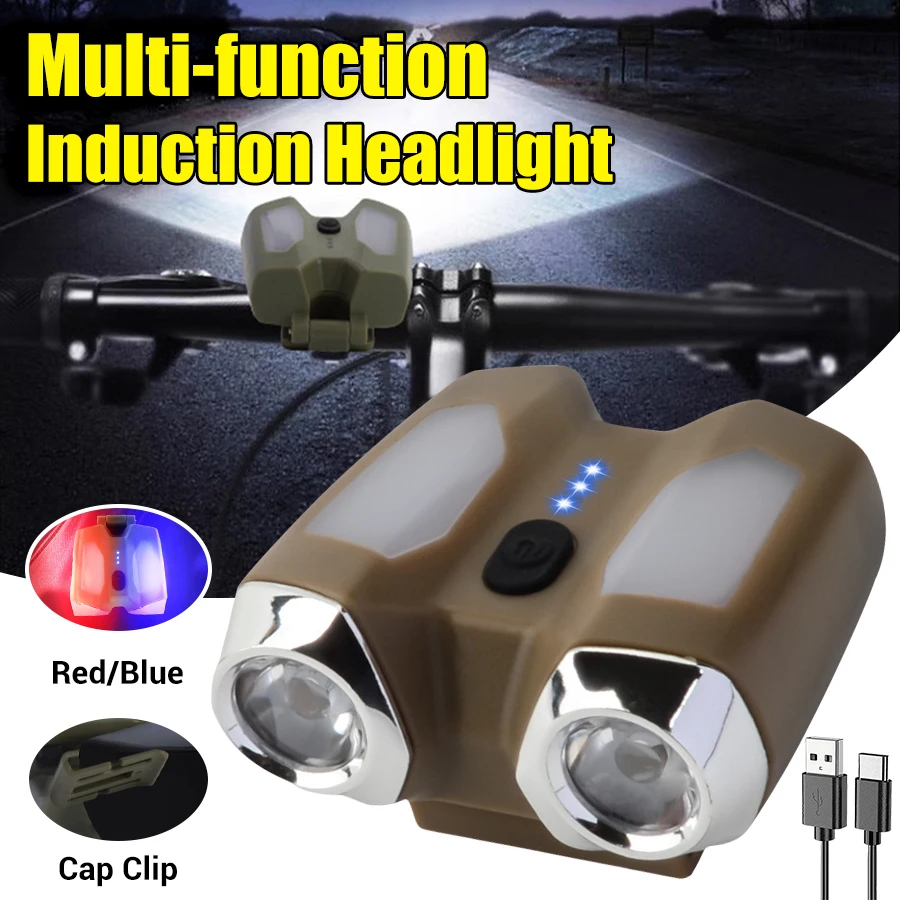 Multifunction Dual Light Source LED Sensor Headlamp Type-C Rechargable Pocket Head Flashlight Outdoor Camping Fishing Headlight