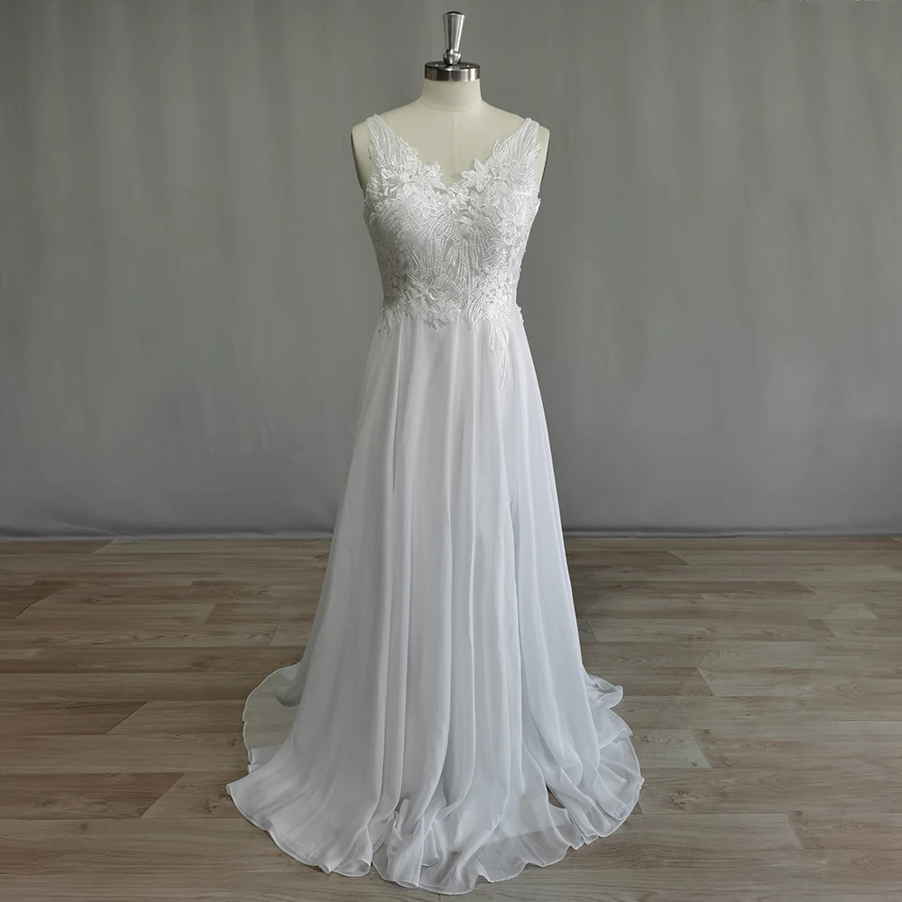 DIDEYTTAWL Boho V-neck Appliques A-LINE Floor Length Chiffon Wedding Dress Sexy Backless Floor Length Bridal Gown